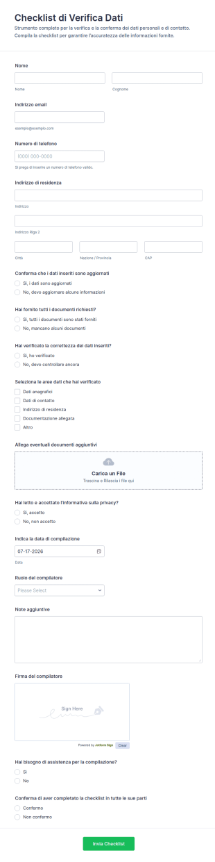Checklist Di Verifica Dei Dati