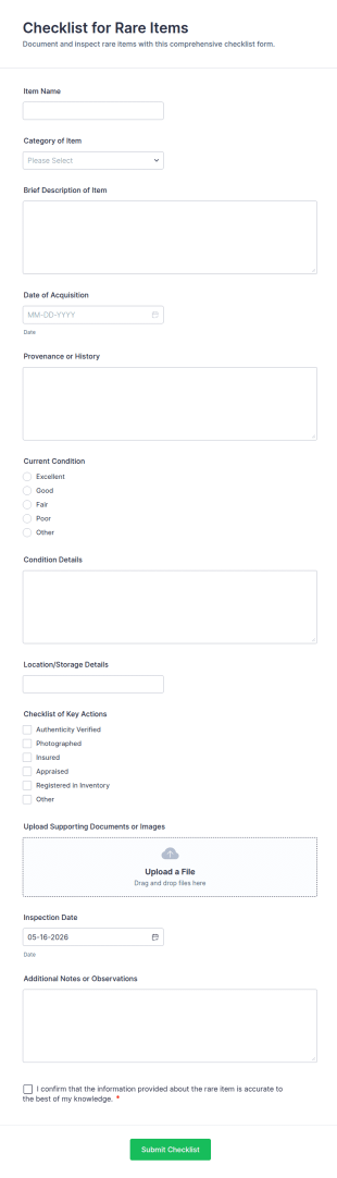 Checklist For Rare Items Form Template