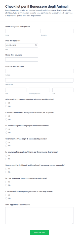 Checklist Per Il Benessere Degli Animali