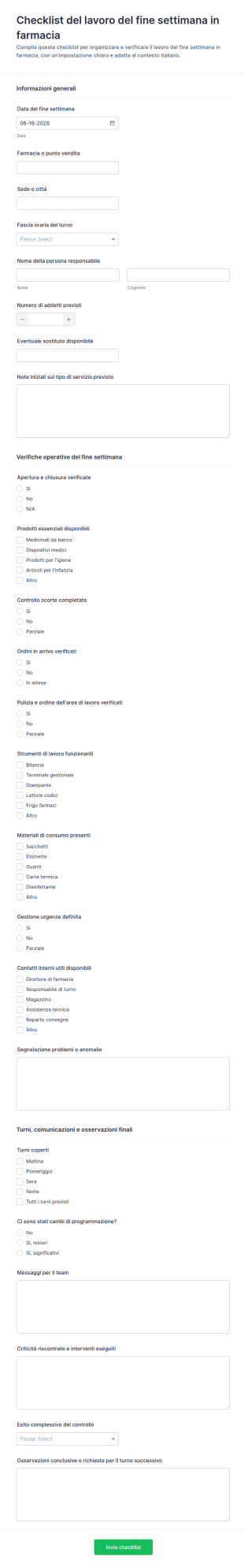 Checklist Per Il Lavoro Nel Fine Settimana In Farmacia