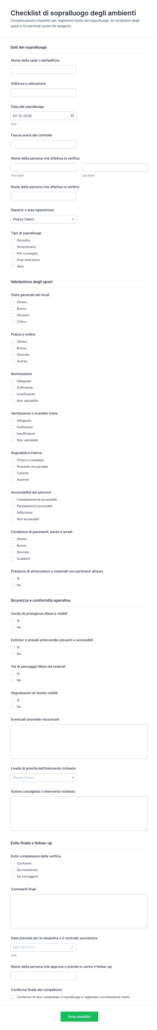 Checklist Per Il Sopralluogo Della Struttura