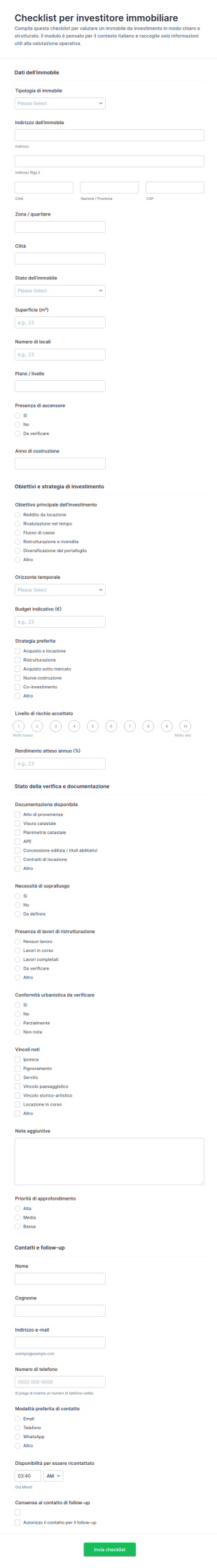 Checklist Per Investitore Immobiliare Form