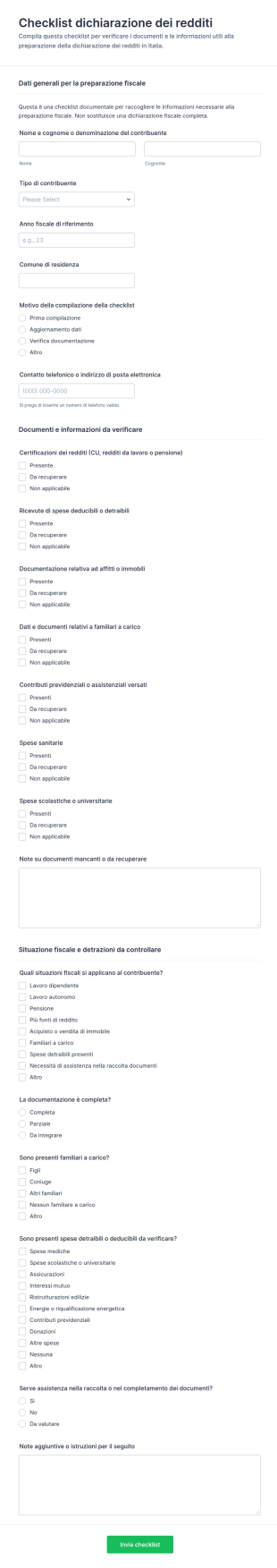 Checklist Per La Dichiarazione Dei Redditi