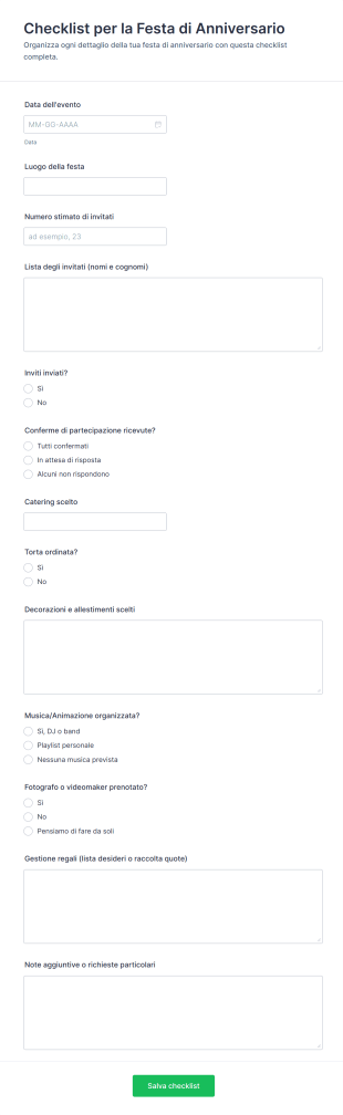 Checklist Per La Festa Di Anniversario