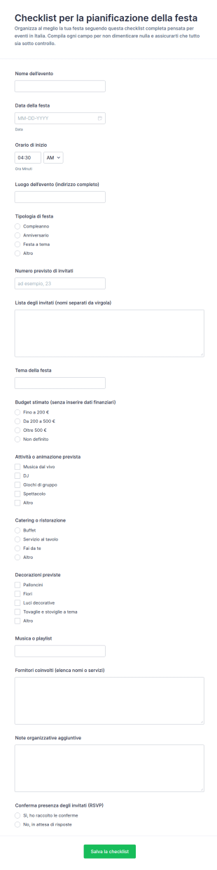 Checklist Per La Pianificazione Della Festa
