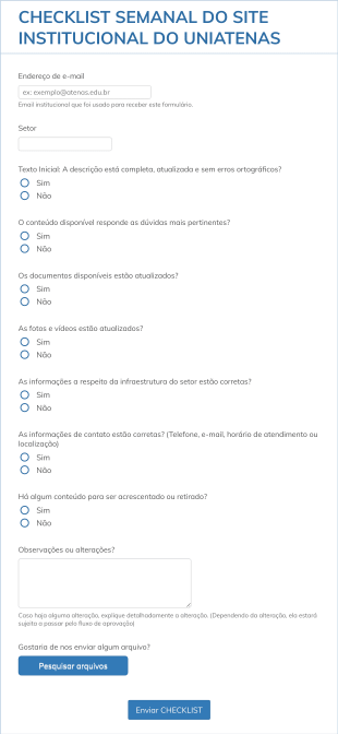 CHECKLIST SEMANAL DO SITE INSTITUCIONAL DO UNIATENAS 2°Semana De MAIO