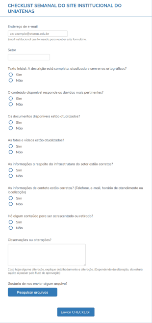 CHECKLIST SEMANAL DO SITE INSTITUCIONAL DO UNIATENAS 2°Semana De MAIO
