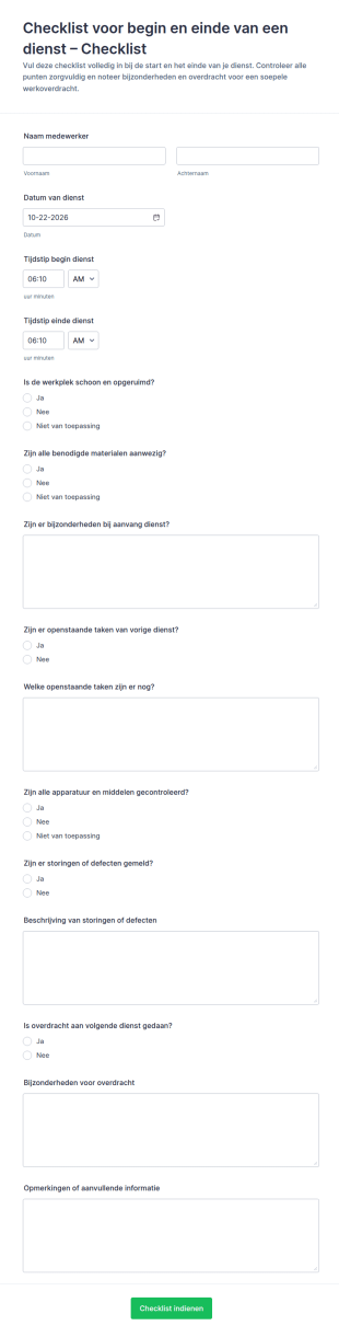 Checklist Voor Start En Eindcontrole Van Diensten