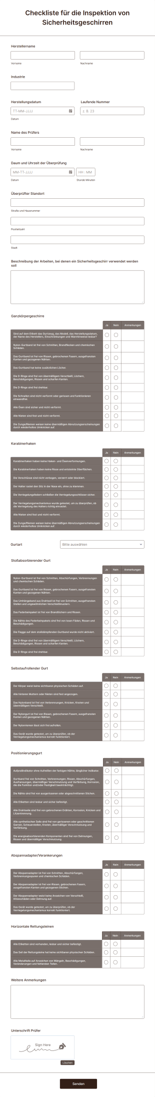 Checkliste Für Die Inspektion Von Sicherheitsgeschirren Form Template