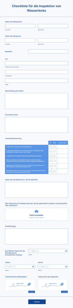 Checkliste Für Die Inspektion Von Wasserlecks Form Template