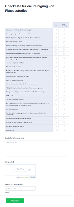 Checkliste Für Die Reinigung Von Fitnessstudios Form Template