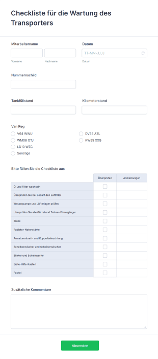 Checkliste Für Die Wartung Des Transporters Form Template