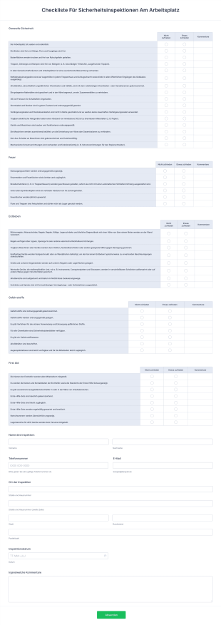 Checkliste Für Sicherheitsinspektionen Am Arbeitsplatz Form Template