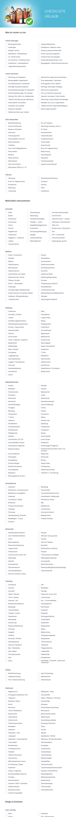 Checkliste Urlaub Form Template