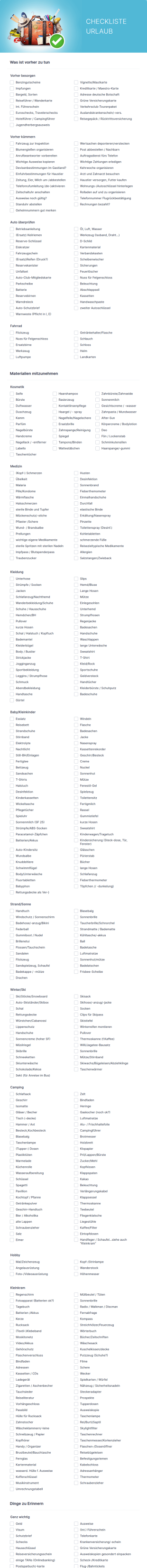 Checkliste Urlaub