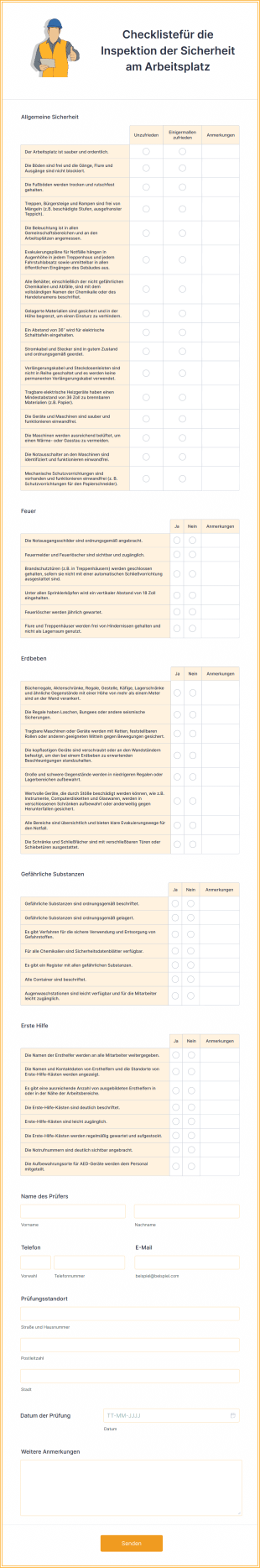 Checklistefür Die Inspektion Der Sicherheit Am Arbeitsplatz Form Template