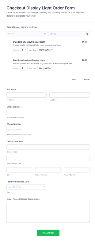 Checkout Display Light Order Form Template