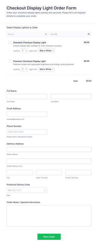 Checkout Display Light Order Form Template