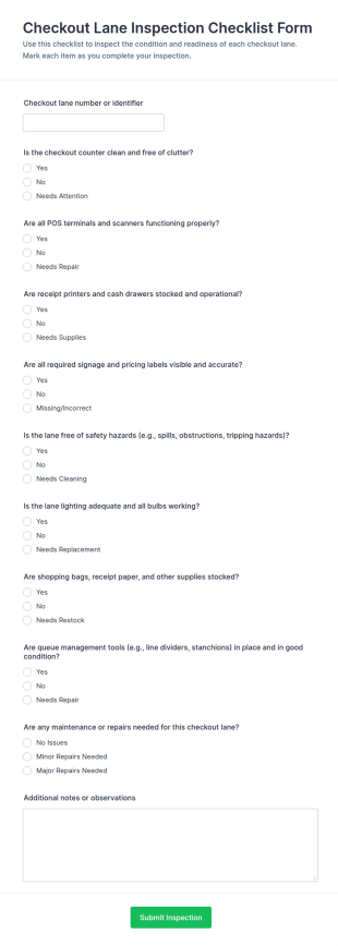 Checkout Lane Inspection Checklist Form Template