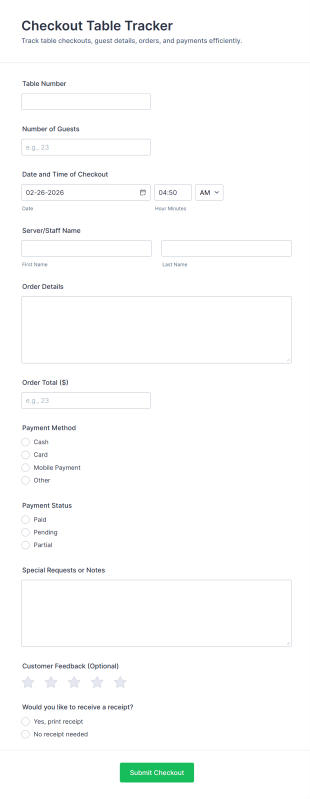 Checkout Table Tracker Form Template