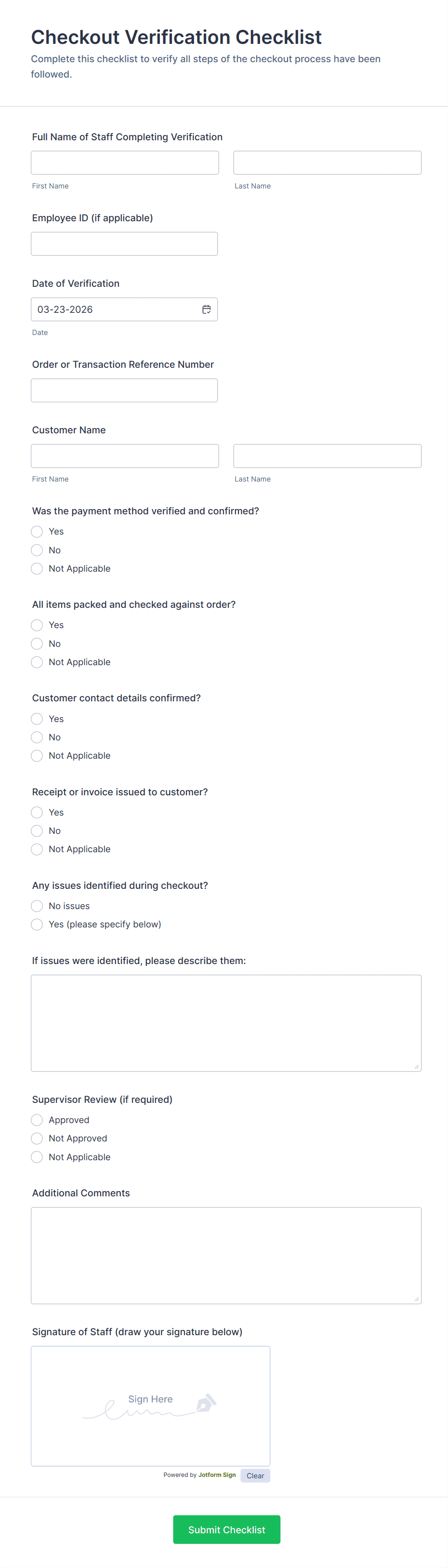 Checkout Verification Checklist Form Template | Jotform