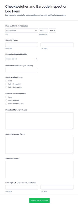 Checkweigher And Barcode Inspection Log Form Template