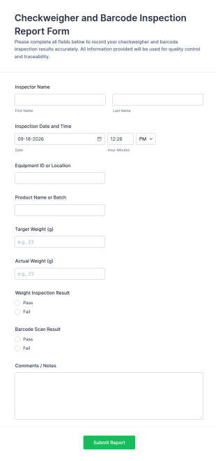 Checkweigher And Barcode Inspection Report Form Template