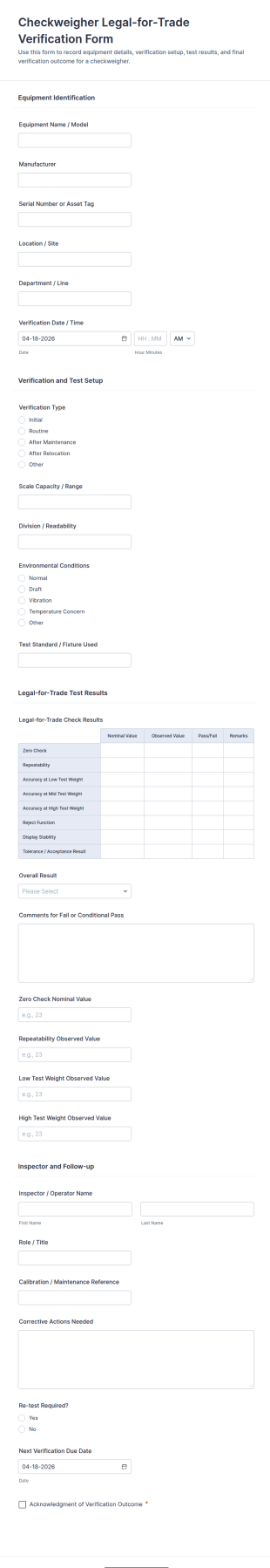 Checkweigher Legal For Trade Verification Form Template