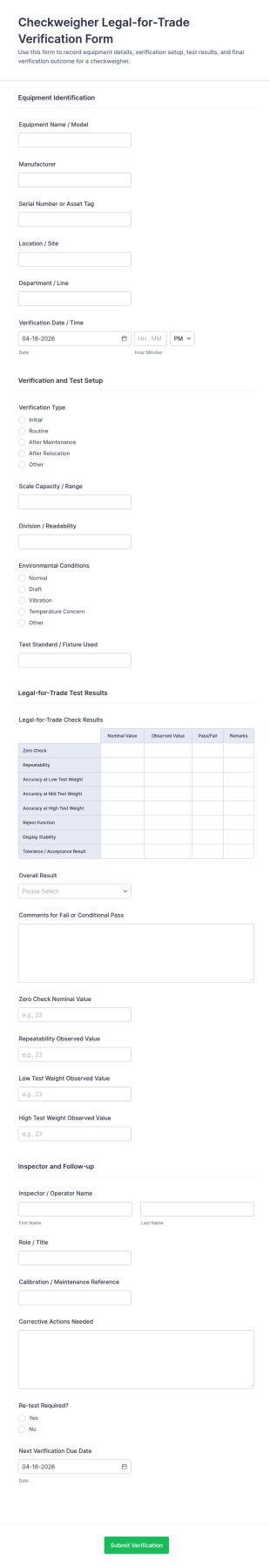 Checkweigher Legal For Trade Verification Form Template