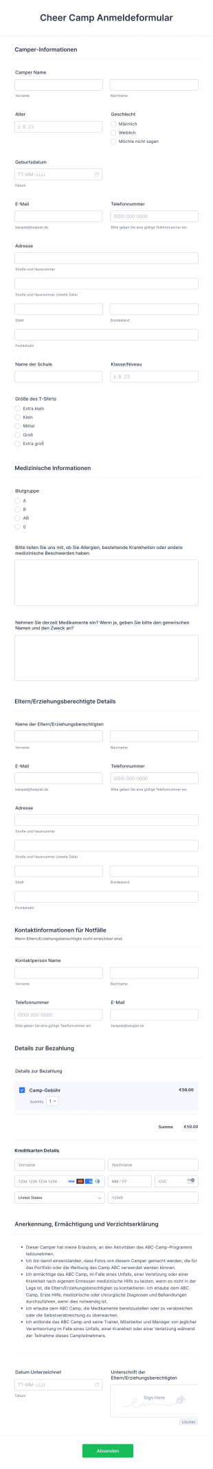 Cheer Camp Anmeldeformular Form Template