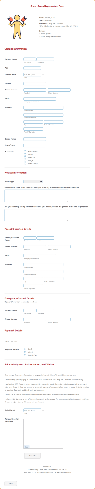 Cheer Camp Registration Form Template