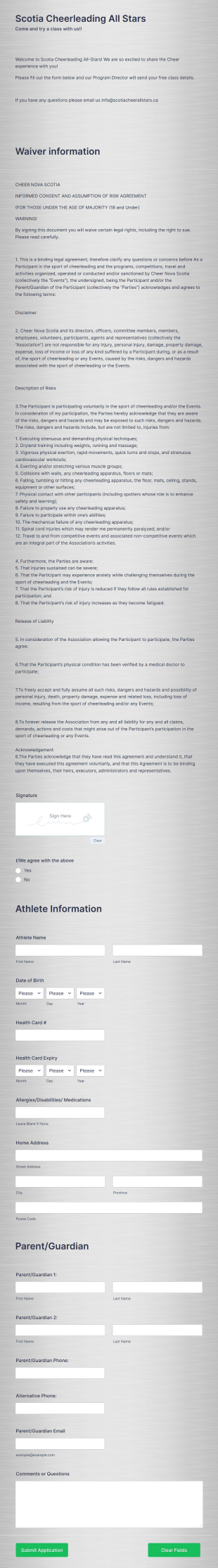 Cheer Try A Class Registration Form Template