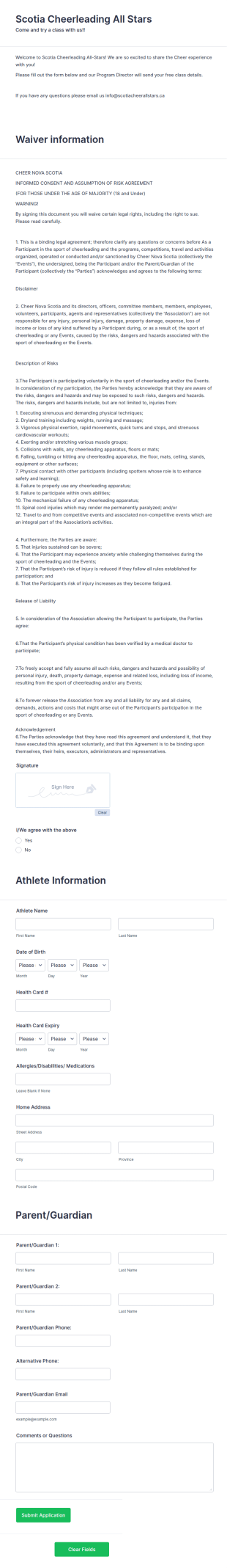 Cheer Try A Class Registration Form Template