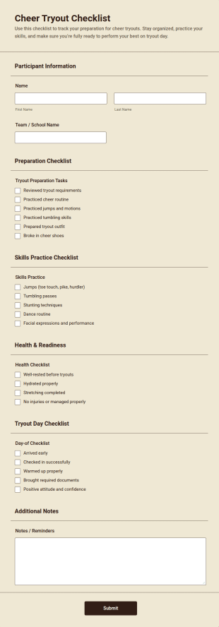 Cheer Tryout Checklist Form Template