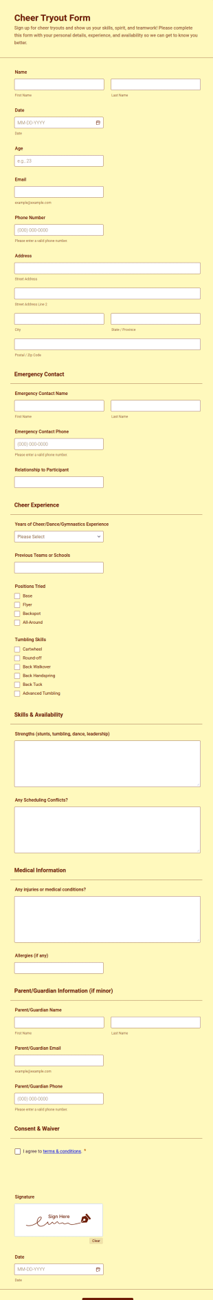 Cheer Tryout Form Template