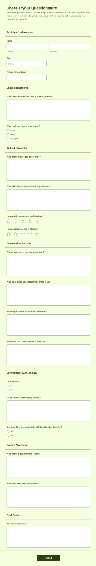 Cheer Tryout Questionnaire Form Template