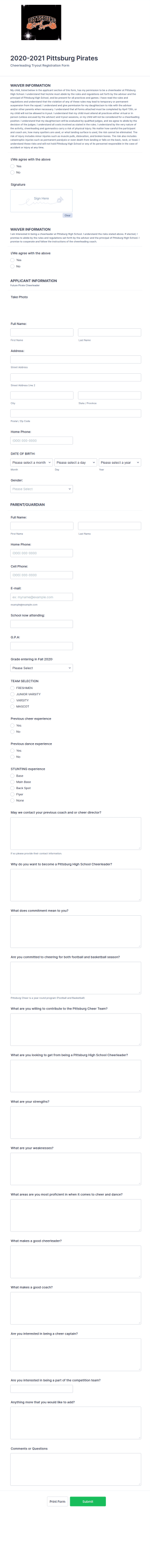 Cheer Tryout Registration Form Template