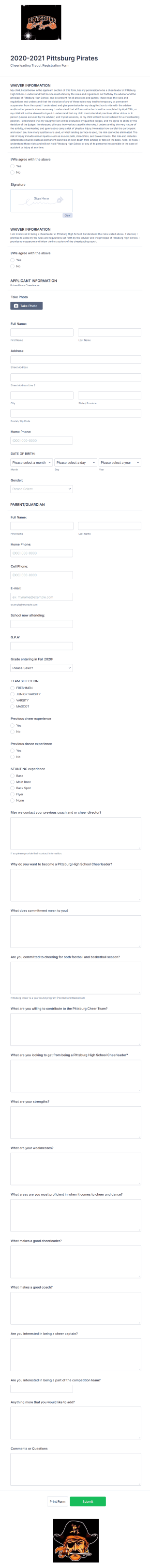 Cheer Tryout Registration Form Template