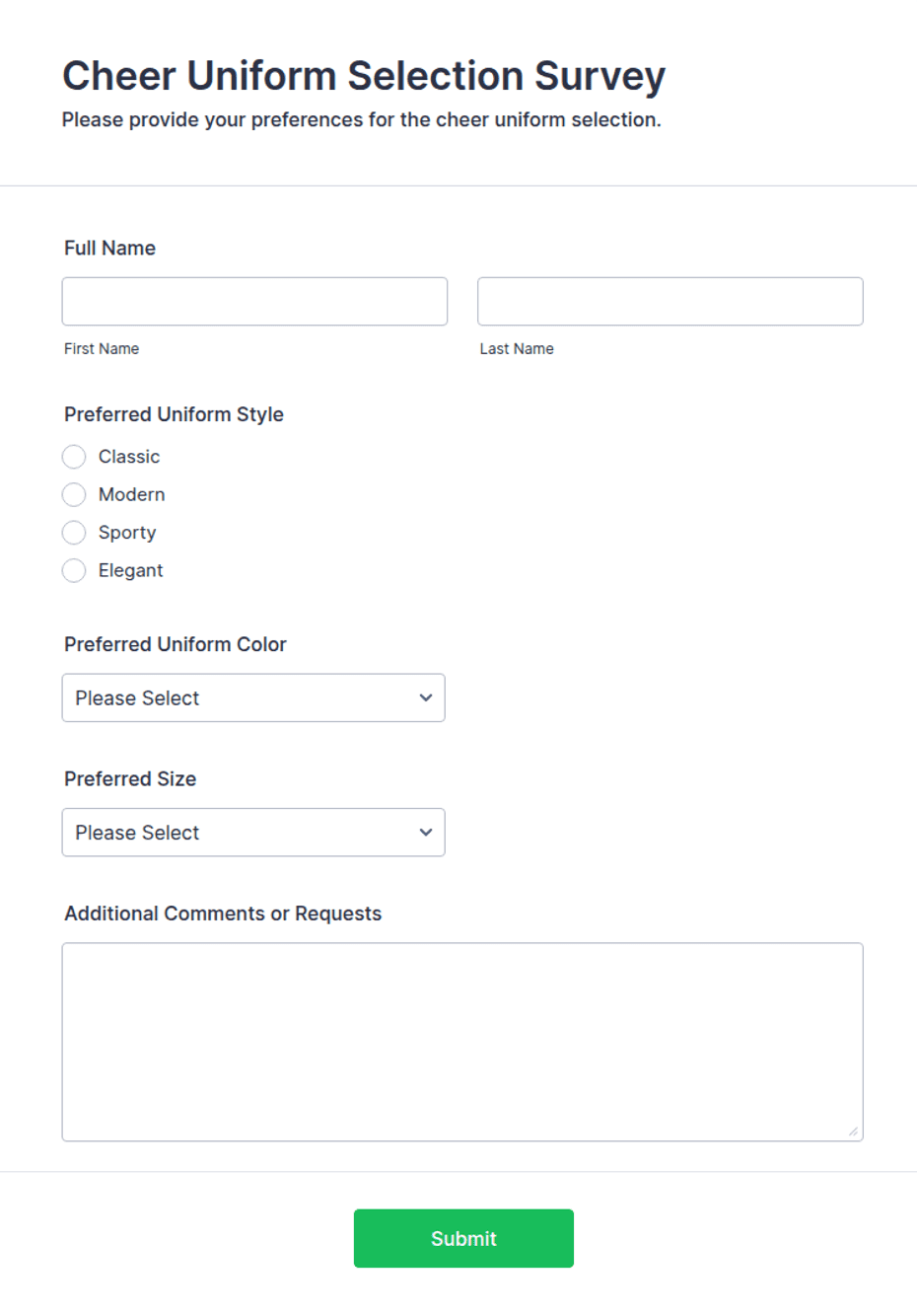 Cheer Uniform Selection Survey Form Template | Jotform
