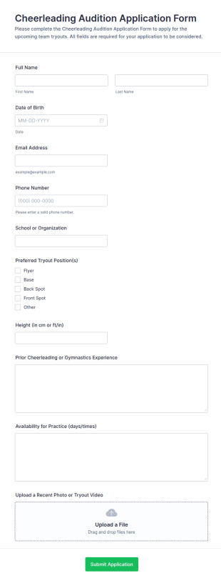 Cheerleading Audition Application Form Template