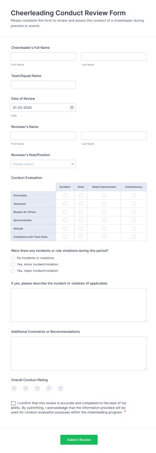 Cheerleading Conduct Review Form Template