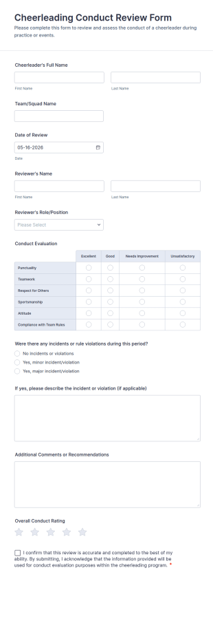 Cheerleading Conduct Review Form Template