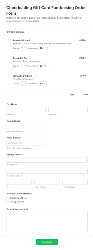 Cheerleading Gift Card Fundraising Order Form Template