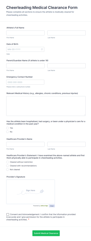 Cheerleading Medical Clearance Form Template