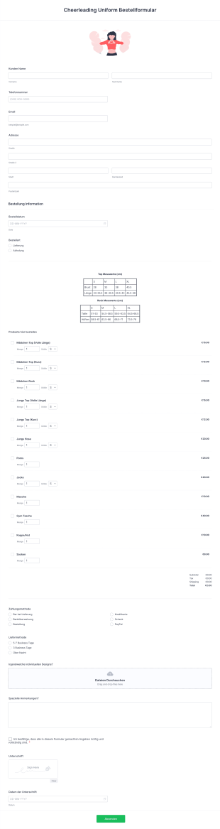 Cheerleading Uniform Bestellformular