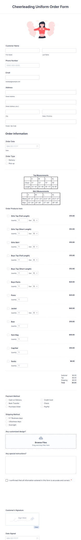 Cheerleading Uniform Order Form Template