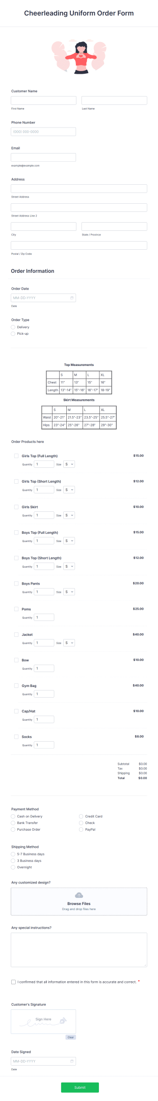 Cheerleading Uniform Order Form Template
