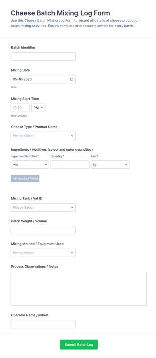 Cheese Batch Mixing Log Form Template