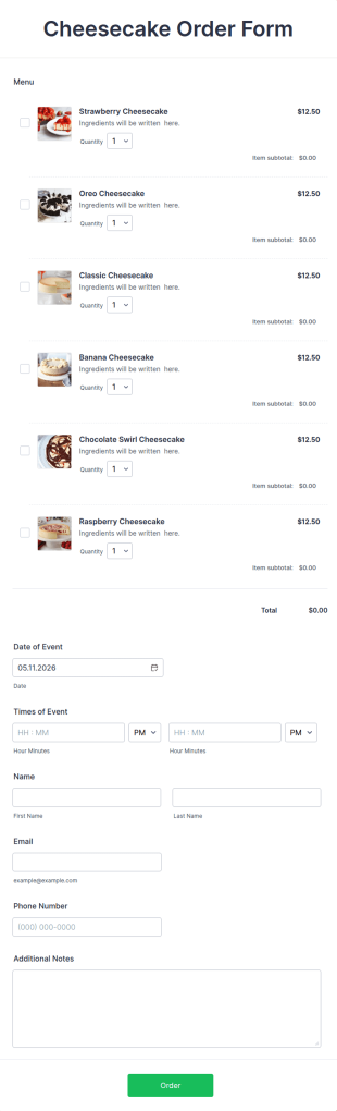 Cheesecake Order Form Template