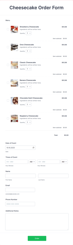 Cheesecake Order Form Template